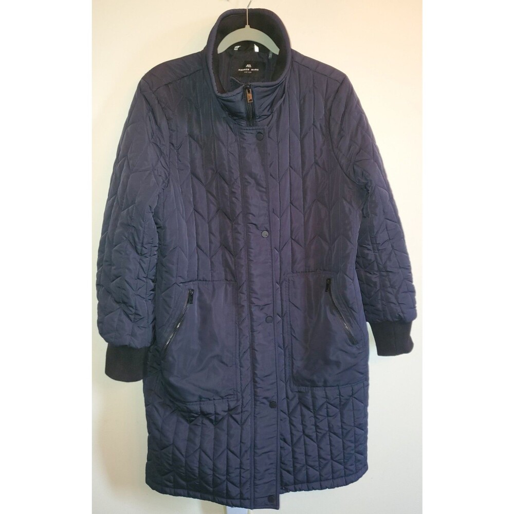 Andrew Marc Navy Herringbone Quilted Long Puffer Coat XL Missing Hood